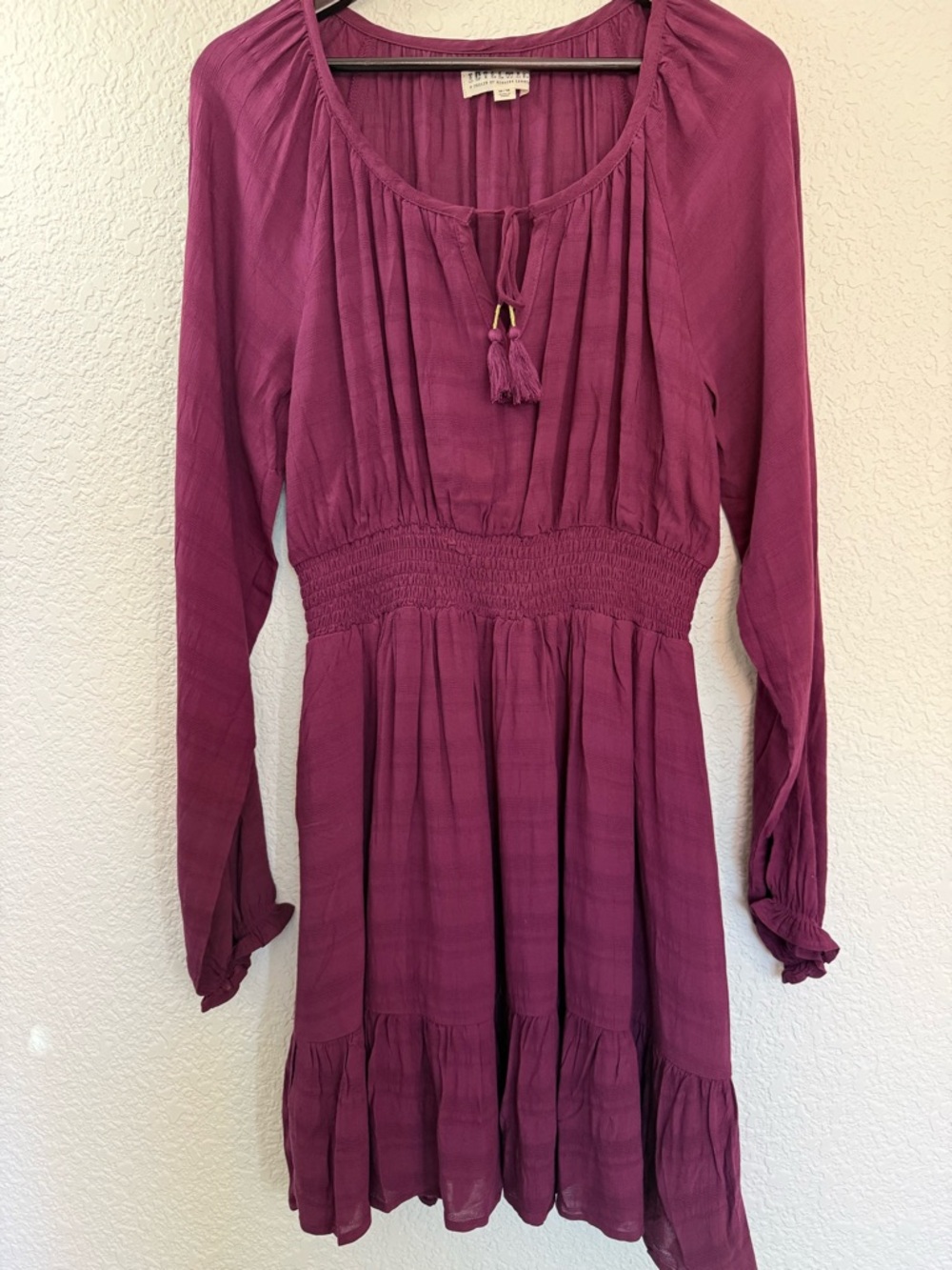 Idyllwind Western Boho Peasant Mini Dress Burgundy Tassel Tie | Size M - Picture 2 of 14